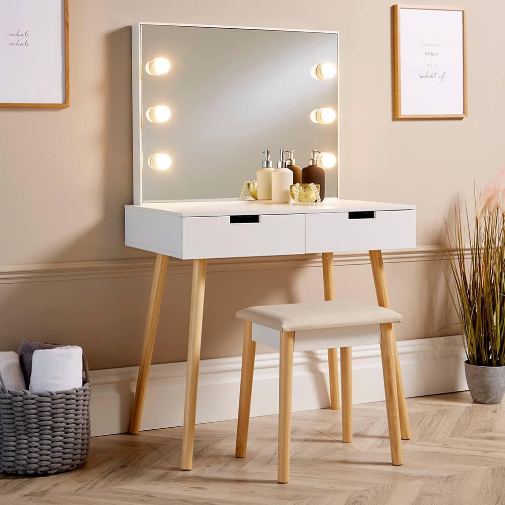Home Source Hollywood 2 Drawer Light Mirror Dressing Table and Stool Image 5