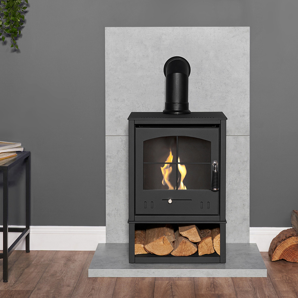 OKO S2 Charcoal Grey Bio Ethanol Stove with Log Storage and Angled Pipe Image 2