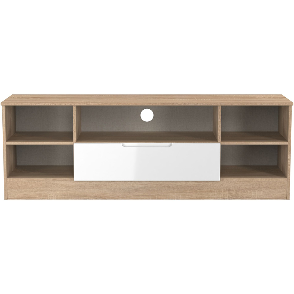Crowndale Milan Single Drawer 5 Shelf White Gloss and Bardolino Oak Wide TV Unit Ready Assembled Image 2