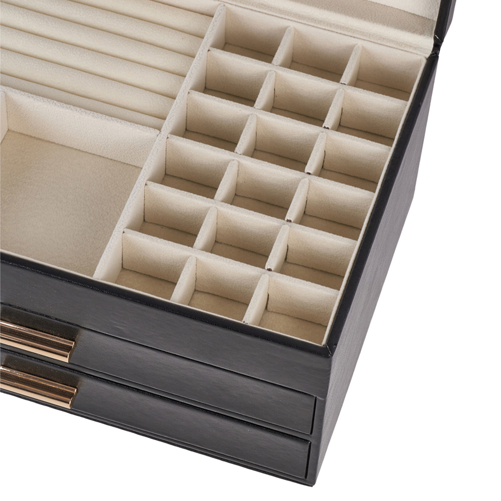 Living and Home 2 Drawer Black PU Leather Jewellery Box with Transparent Lid Image 5