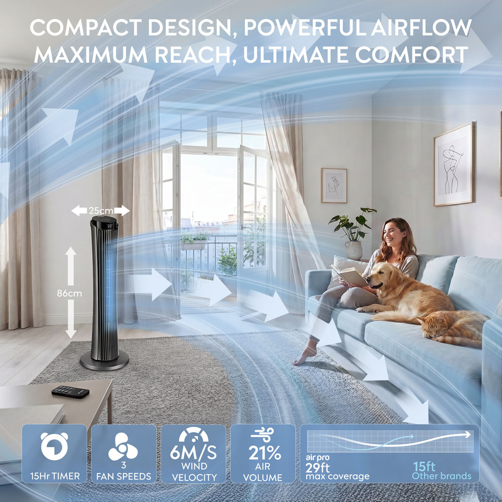 Air Pro Grey Oscillating Bladeless Tower Fan with Remote 34 inch Image 9