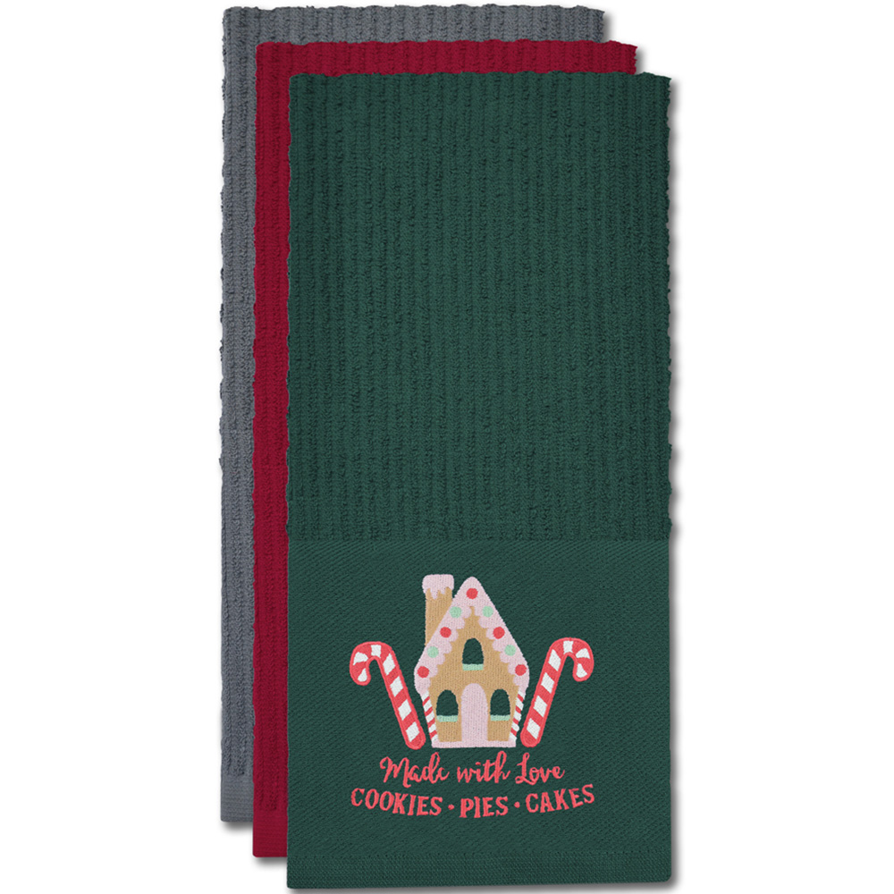 Noel Square Gingerbread House Green Tea Towel 3 Pack Image 3