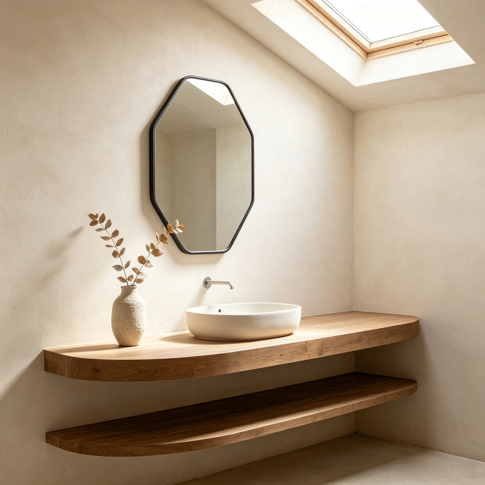 Living and Home Black Hexagonal Aluminium Framed HD Float Glass Bathroom Mirror with Bar 50 x 70cm Image 2