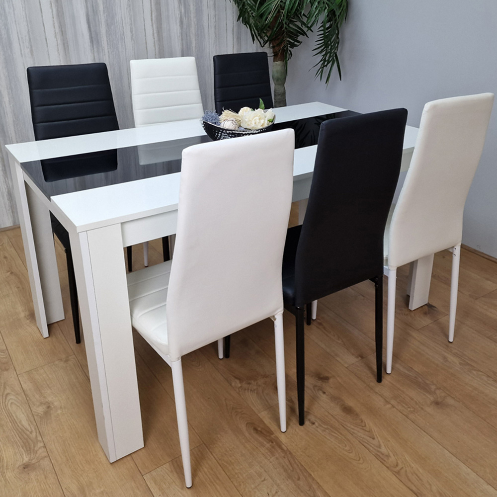 Portland Leather and Wood 6 Seater Dining Set Black and White Image 1
