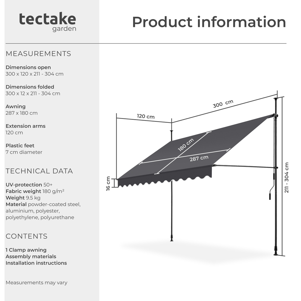 tectake Black and Grey Retractable Awning 3 x 1.8m Image 8