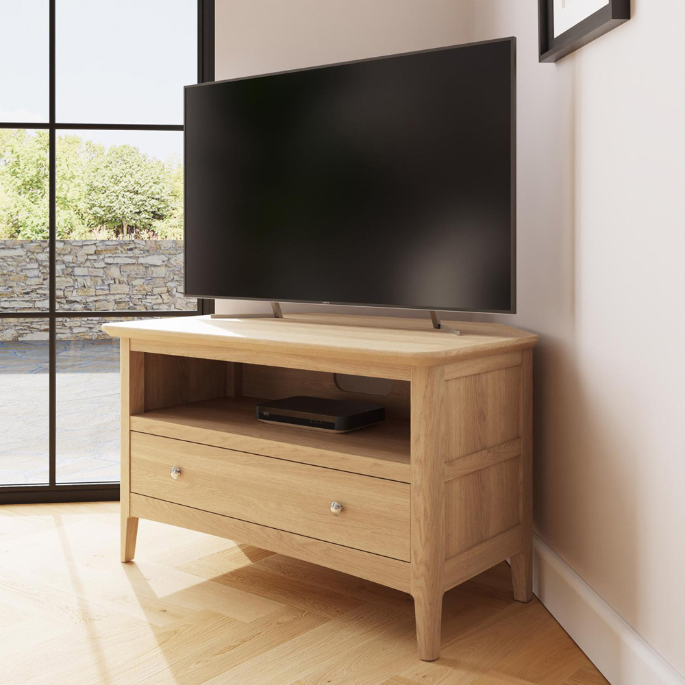 FWStyle Single Drawer Single Shelf Natural Oak Corner TV Unit Image 8