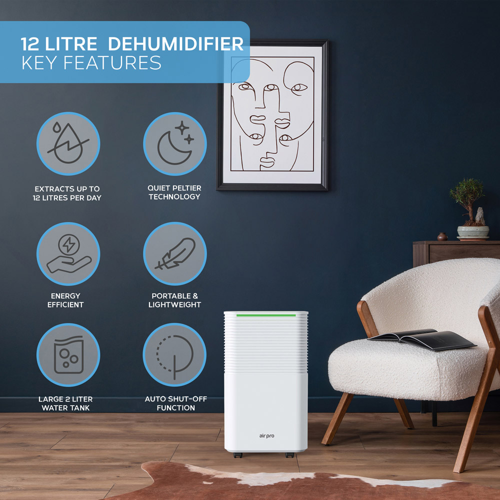 Air Pro White Portable Whisper-Quiet Peltier Technology Dehumidifier 12L Image 2