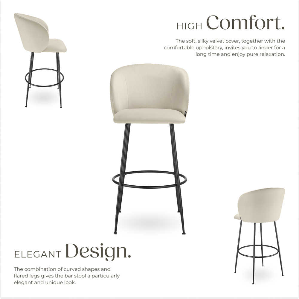 tectake Luana Cream and Black Velvet Look Padded Bar Stool Set of 4 Image 4