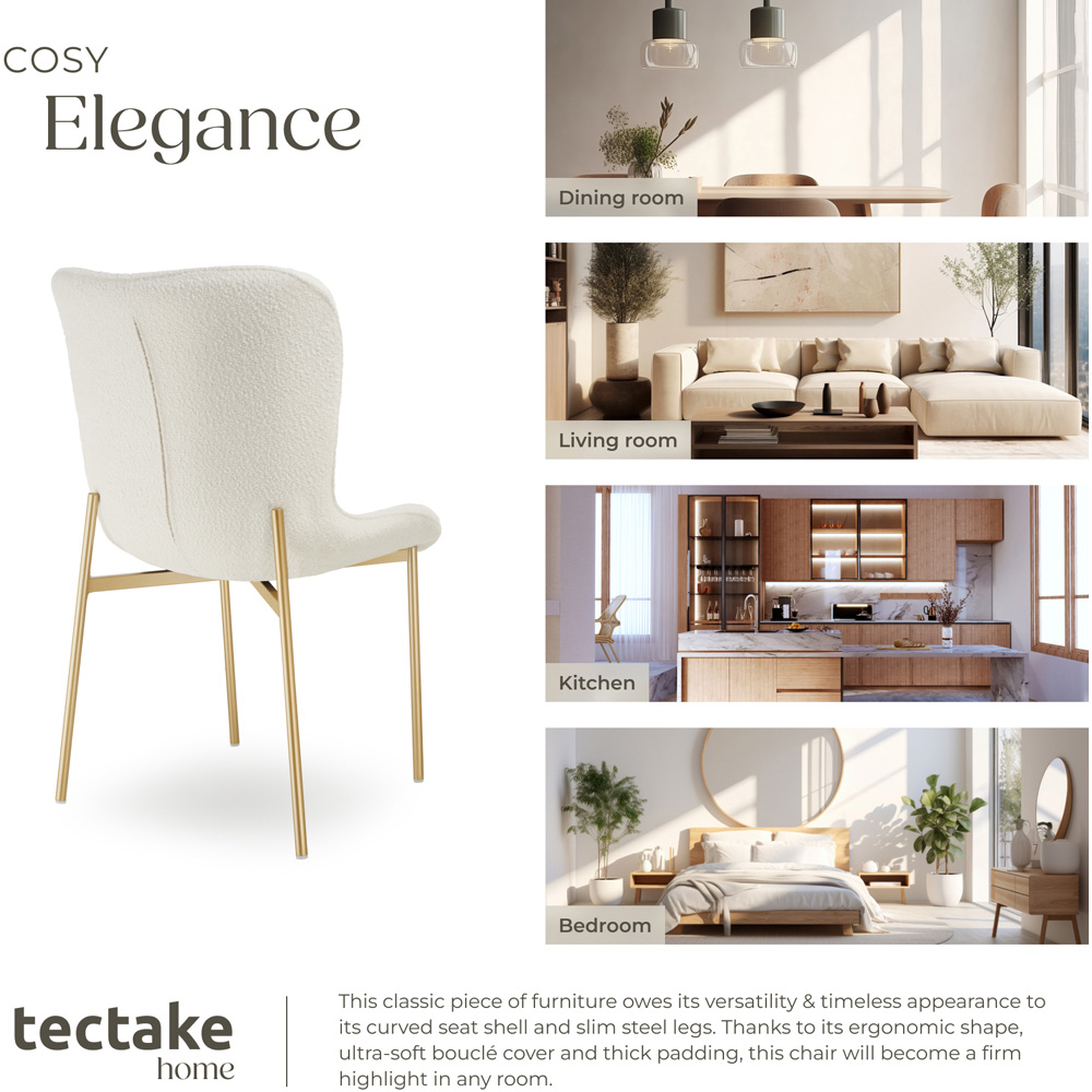 tectake Tessa Set of 2 White and Gold Boucle Padded Dining Chair Image 7