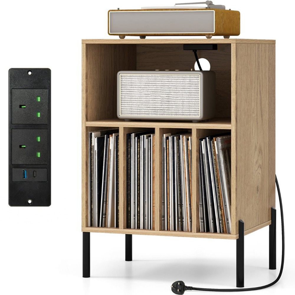 Costway 5 Compartment Natural Record Player Stand with Charging Station Image 2