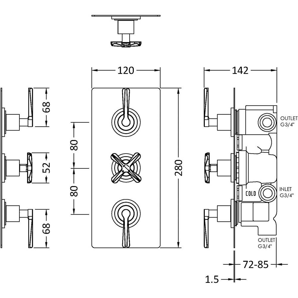 nuie Aztec Matt Black Triple Thermostatic Shower Valve with Diverter Image 2