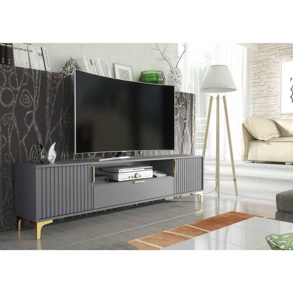 Creative Furniture Tide Crest Dark Grey and Gold 2 Door Single Drawer TV Unit Image 7