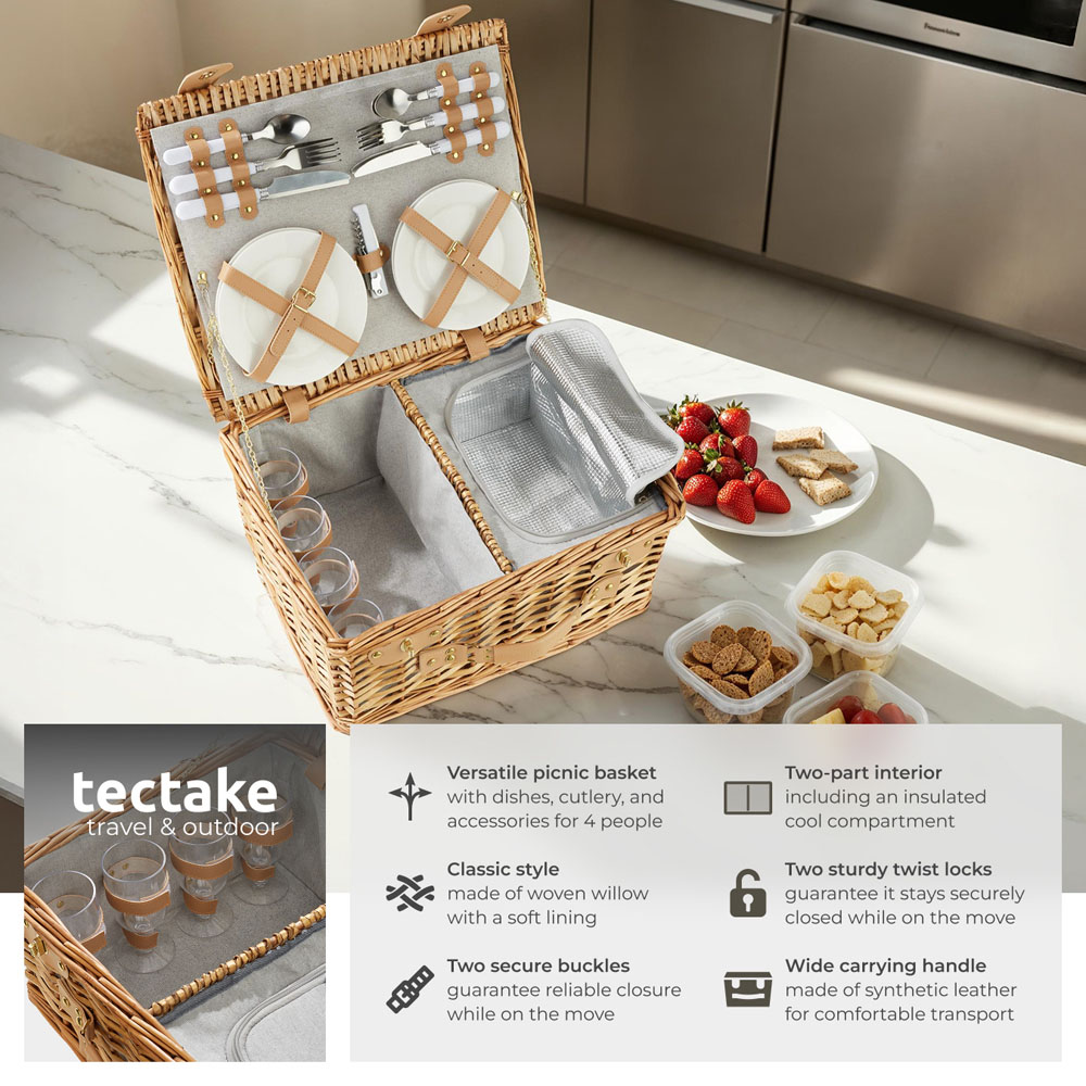 tectake Fohr 4 Person Picnic Basket with Cooler Compartment and Accessories Image 6