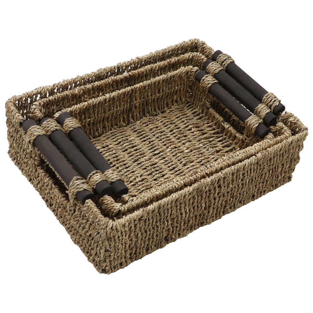 JVL Seagrass Rectangular Storage Baskets with Wooden Handles 3 Pack Image 4