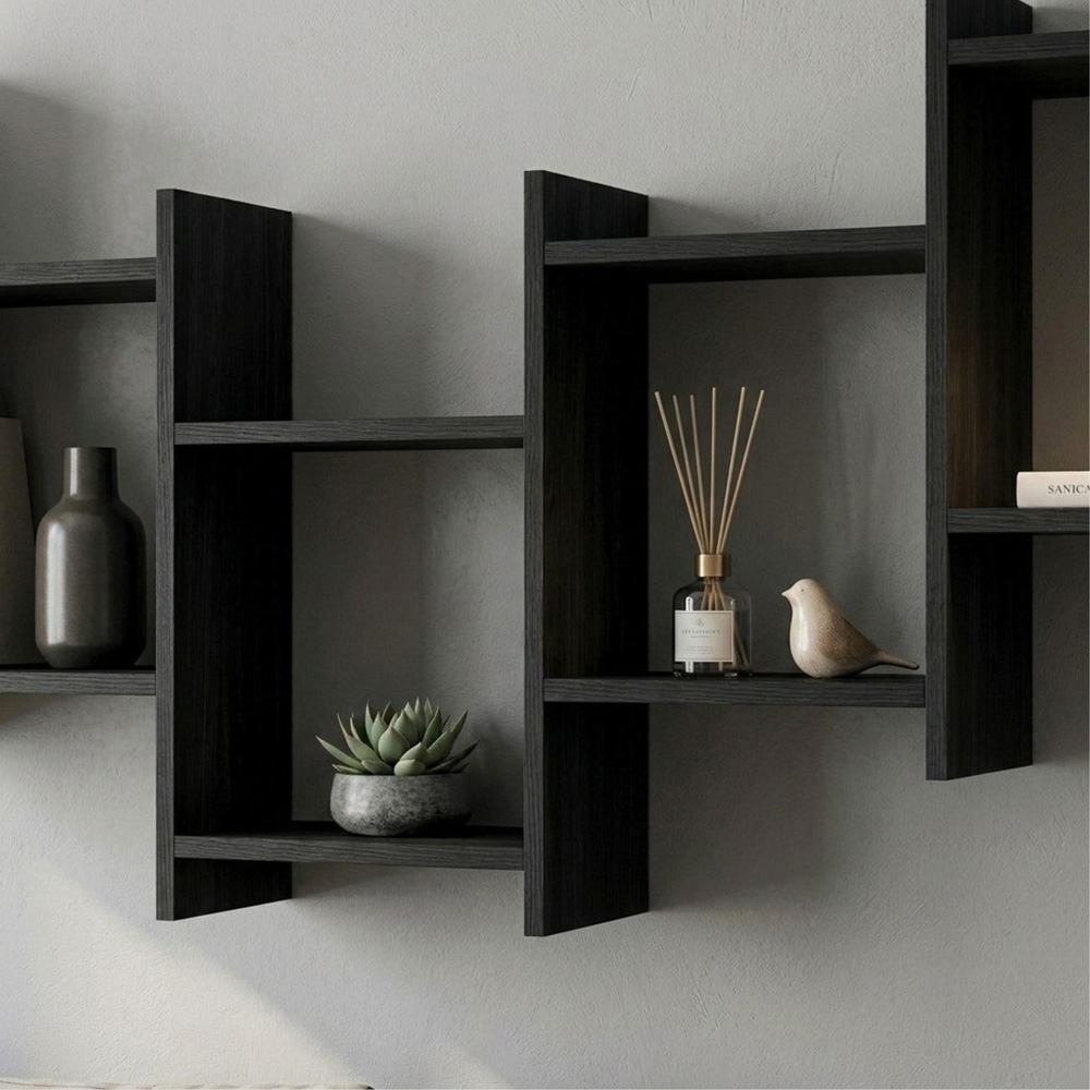 Decortie Bat Wall 5 Cube Black Wood Floating Shelf Image 3