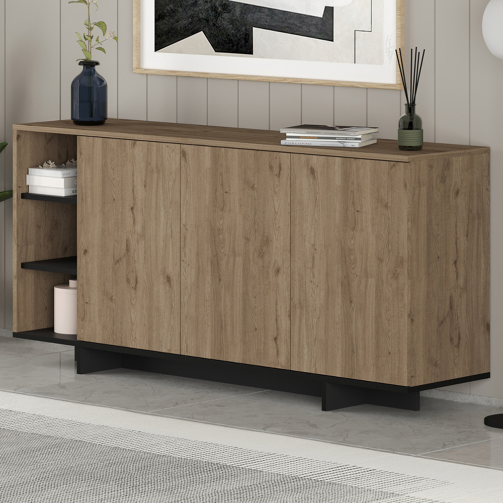 Decortie Stockton 3 Door Oak Effect and Black Sideboard Image 1