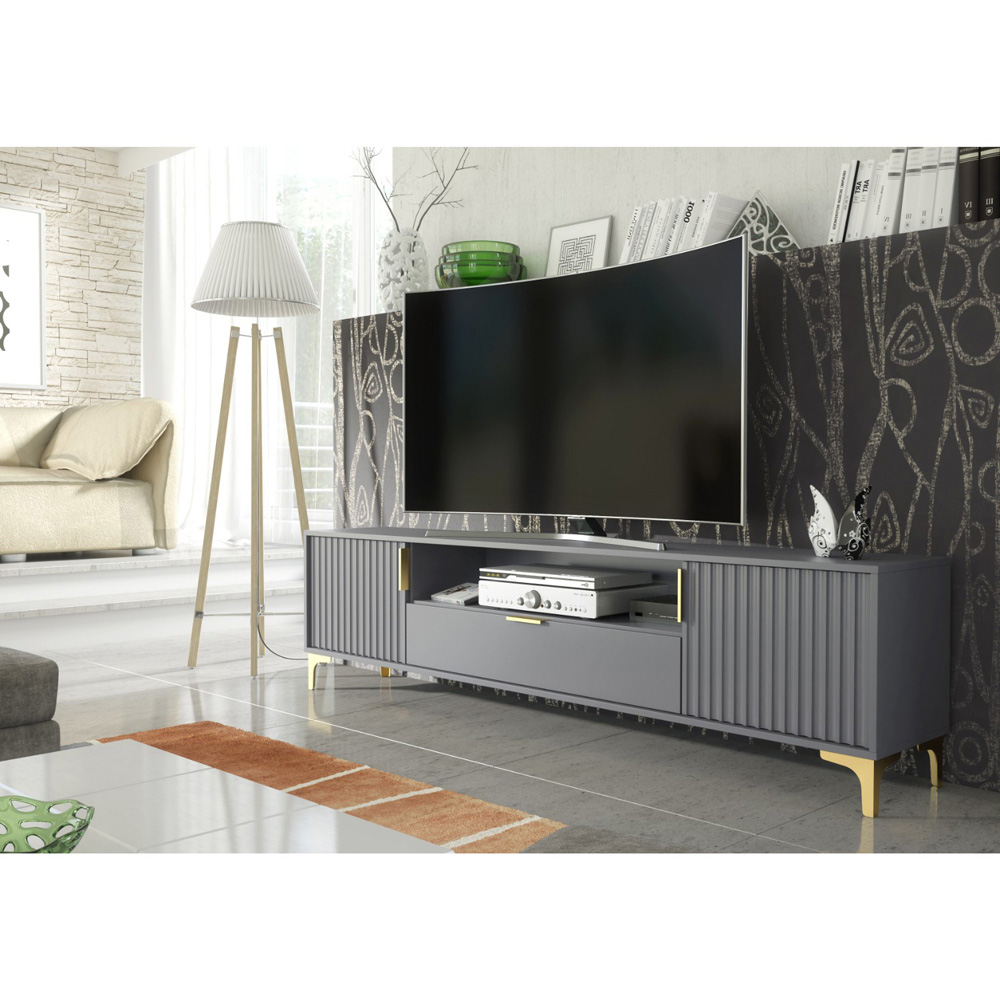 Creative Furniture Tide Crest Dark Grey and Gold 2 Door Single Drawer TV Unit Image 3