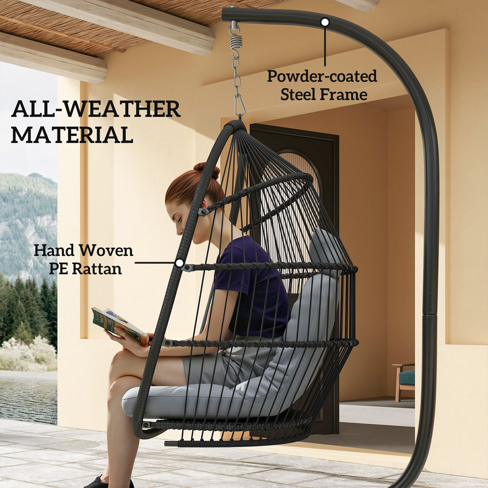 Outsunny Dark Grey Rattan Hanging Egg Chair with Stand and Cushion Image 8