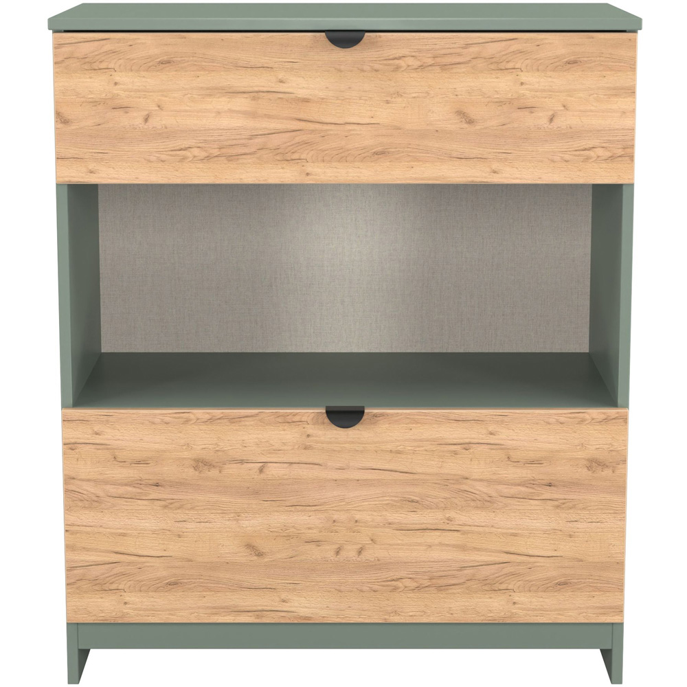 Crowndale Bora 2 Drawer Single Shelf Gold Oak and Reed Green Storage Unit Image 2