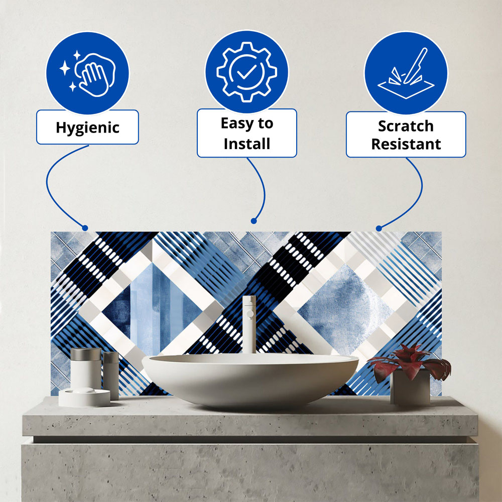 Warren Reed Designer Checkered Square Black and Blue Glass Bathroom Splashback 25 x 60cm Image 3