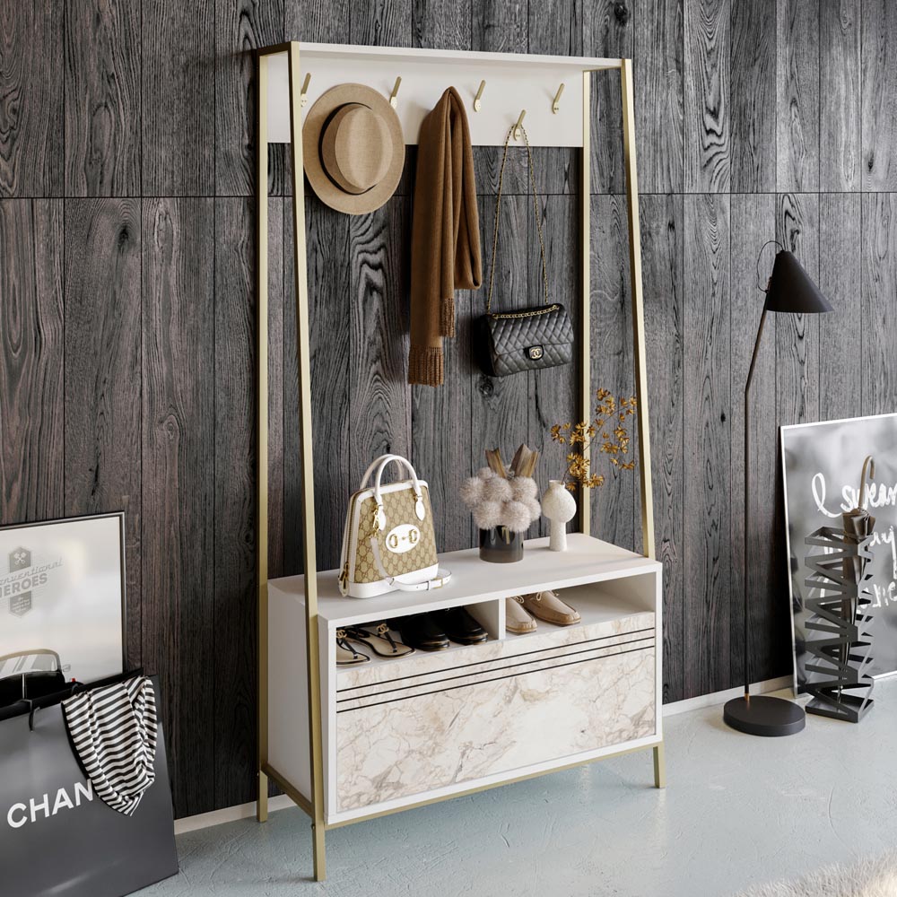Decorotika Devin Single Door 2 Shelf White Marble and Gold Coat and Shoe Rack Image 2