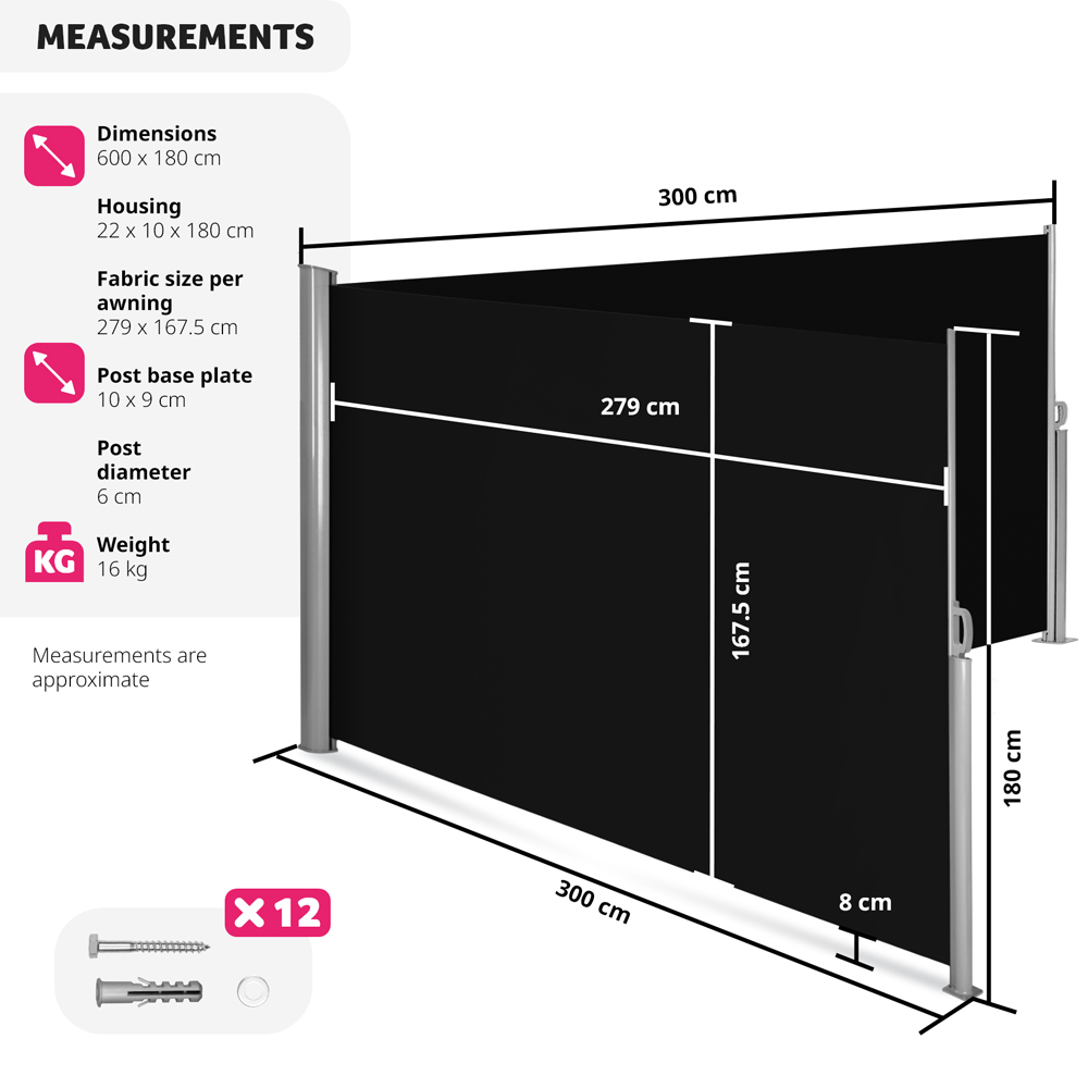 tectake Black Double Sided Retractable Side Awning 1.8 x 6m Image 9