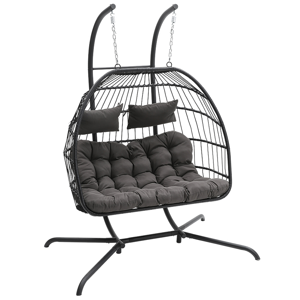 Living and Home 2 Seater Black Garden Hanging Egg Chair with Cushions Image 2