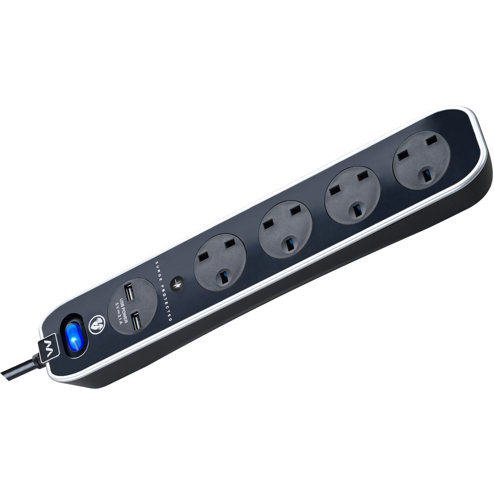 Masterplug Gloss Black 4 Socket Switched Inline Surge Extension Lead with USB 2m Image 4