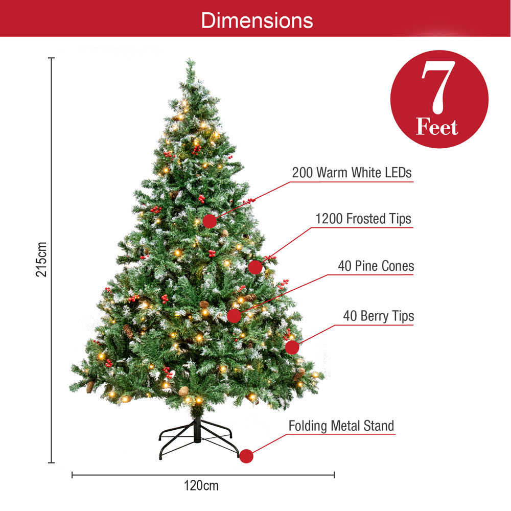 The Christmas Workshop 200 Warm White LED Pre-Lit Christmas Tree with Berries and Pinecones 7ft Image 9