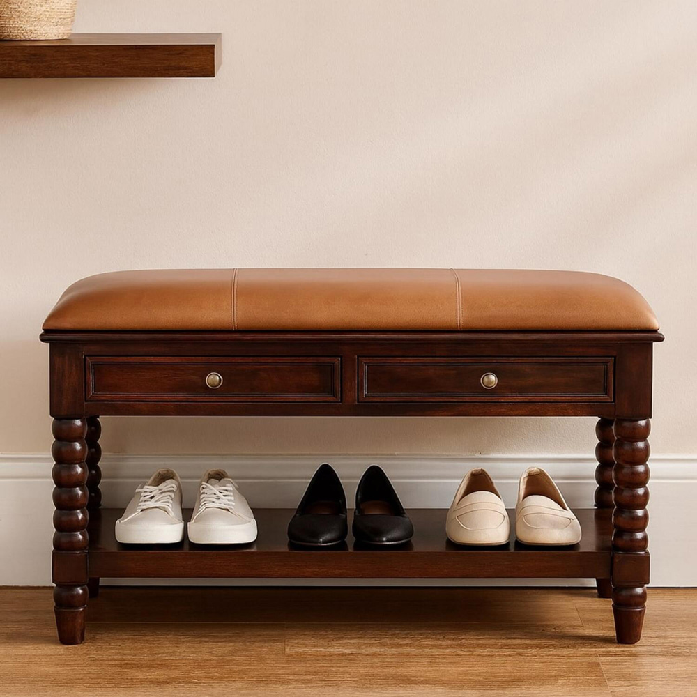 Artisan Furniture Spindle 2 Drawer Single Shelf Winewood Oak Leather Upholstered Solid Wood Bench Image 7