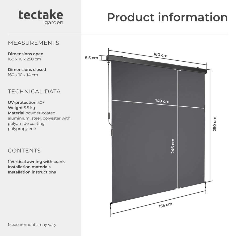 tectake Eloise Black Vertical Awning with 2 Wall Brackets 1.6 x 2.5m Image 8
