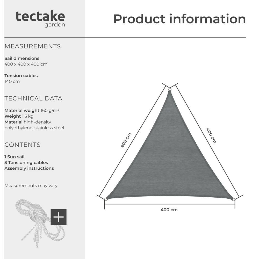 tectake Grey UV 50+ Triangular Shade Sail 400cm Image 8