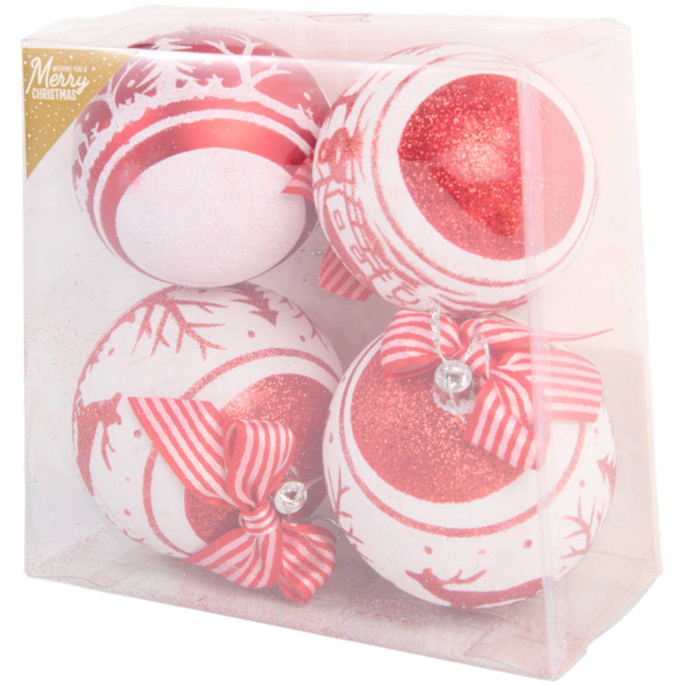 Pack of 4 Red & White Xmas Scene Baubles - Red Image 2