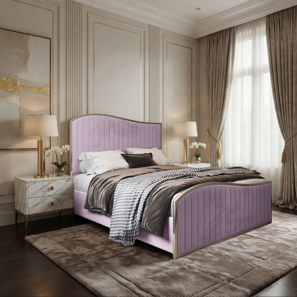 Brixton Pink Super King Size Velvet Upholstered Metal Bed Frame with Wave Headboard Image 5