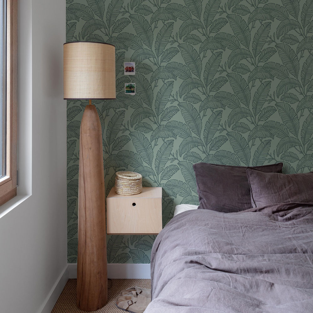 Grandeco Fay Leaf Sketch Foliage Blown Vinyl Green Wallpaper Image 3