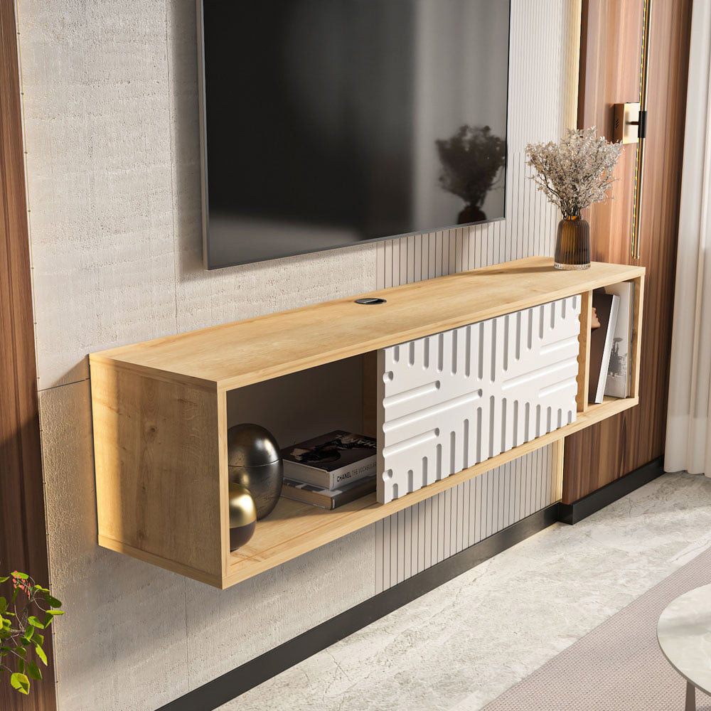 Decorotika Single Door 3 Shelf Sapphire Oak and White Floating TV Unit Image 6