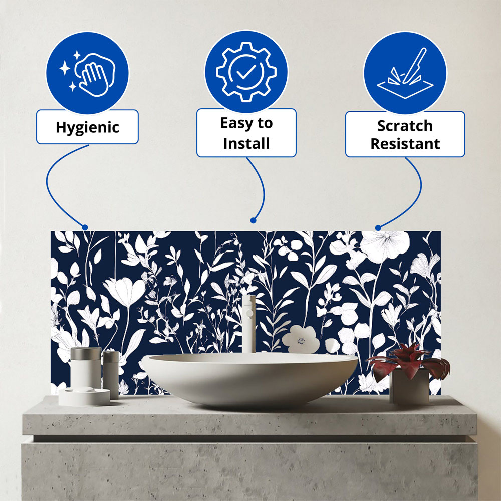 Warren Reed Designer Blue and White Floral Silhouette Glass Bathroom Splashback 25 x 60cm Image 3