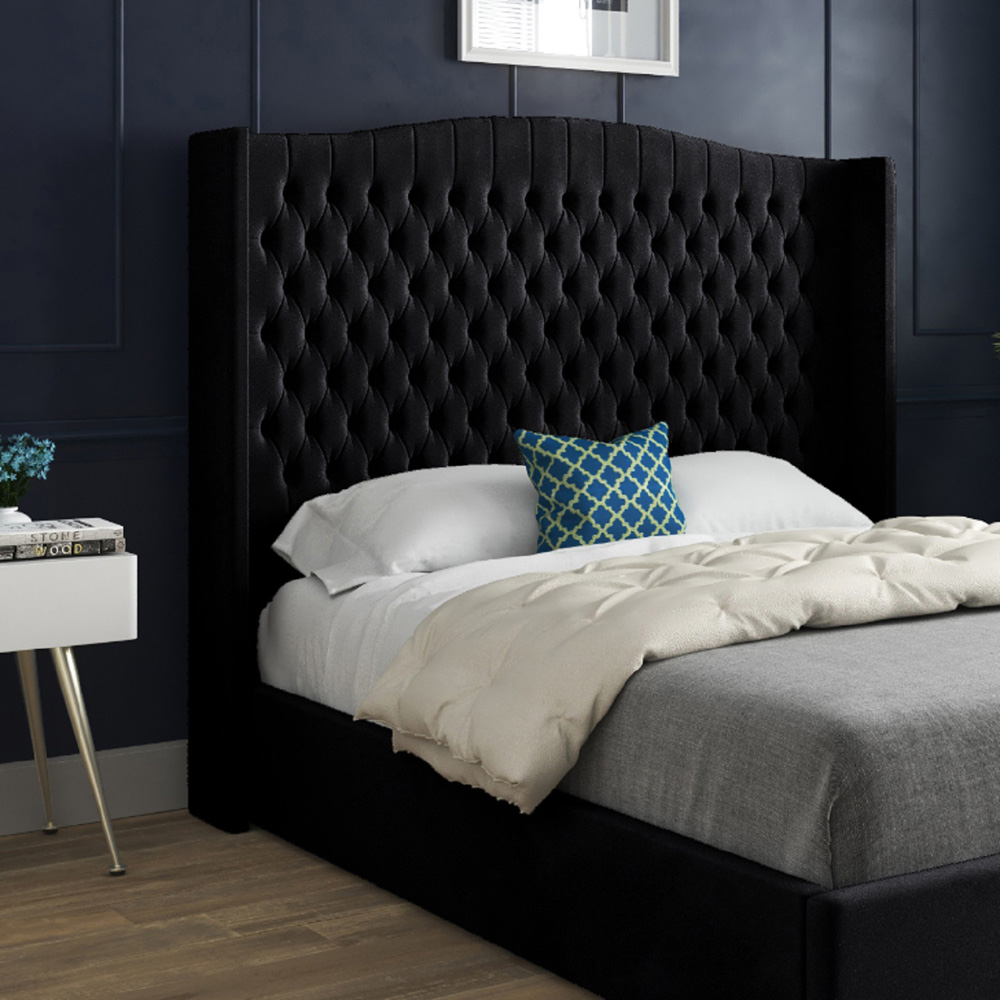 Rana Small Single Black Soft Velvet Upholstered Bed Frame with Curved Top Winged Headboard Image 3
