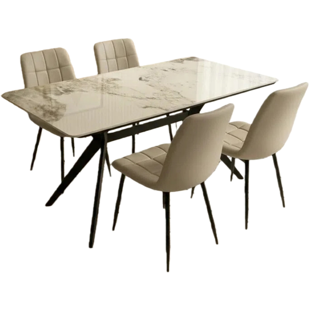 Indoor Living Erica 4 Seater Velvet Marble Top Dining Set Cream Image 2