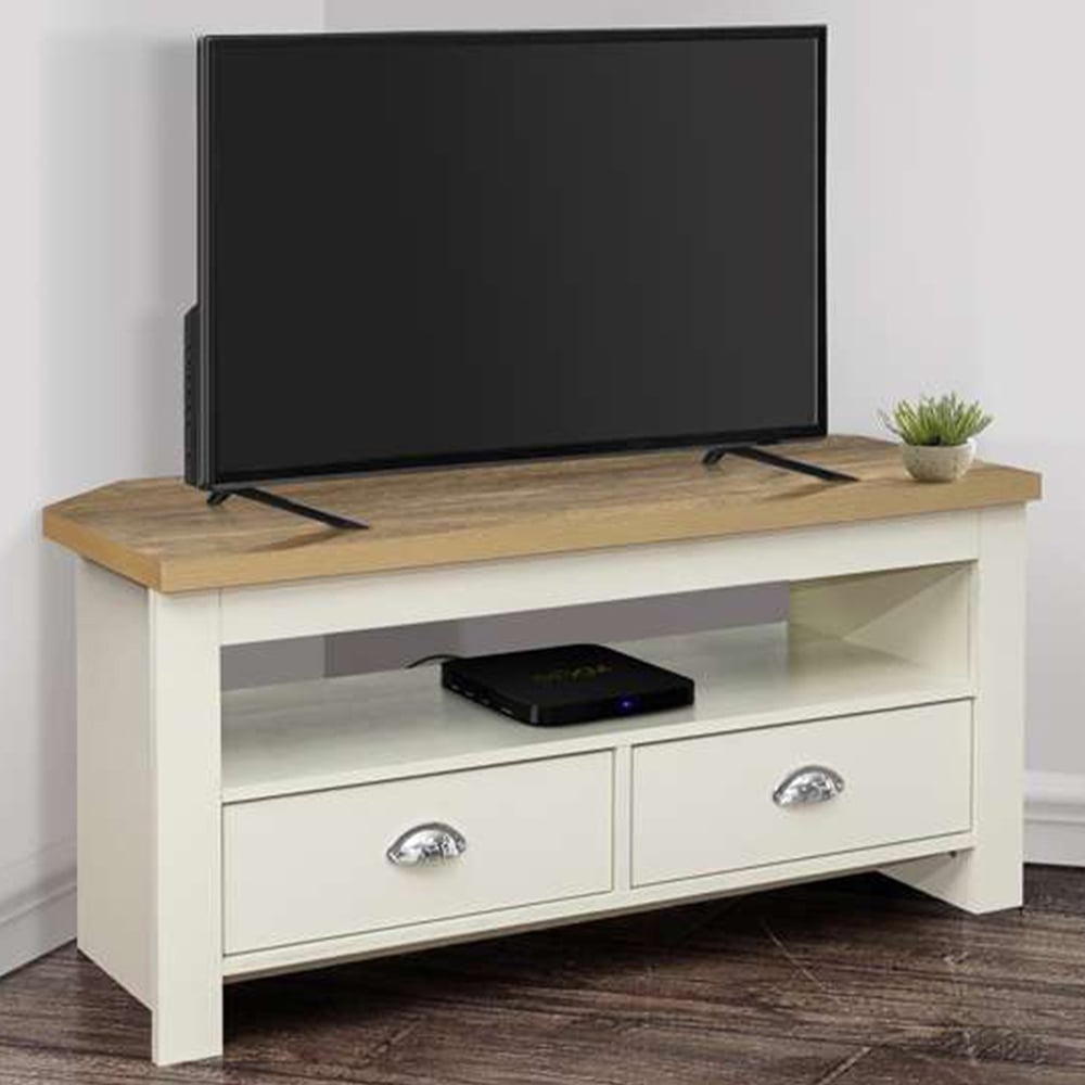 Highgate 2 Drawer Cream and Oak Corner TV Unit Image 1