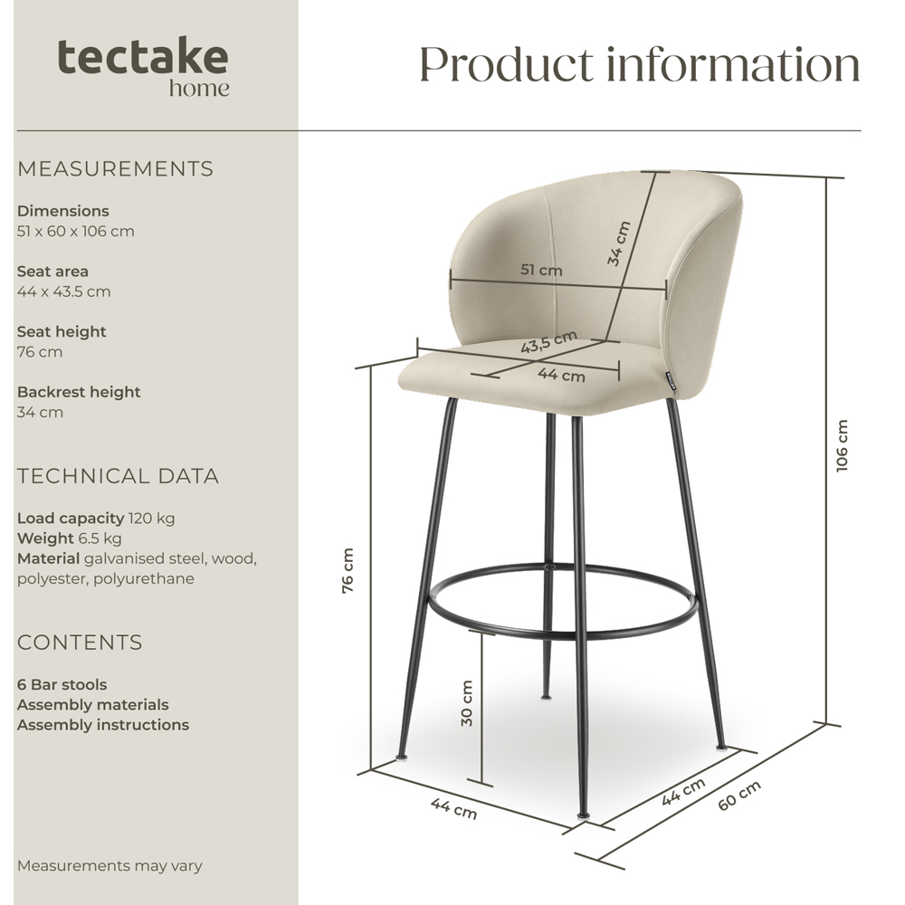 tectake Luana Cream and Black Velvet Look Padded Bar Stool Set of 6 Image 8