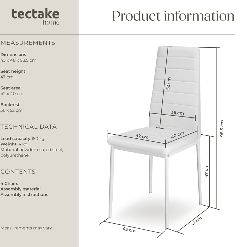 tectake Set of 4 White High Backrest Padded Dining Chair Image 9