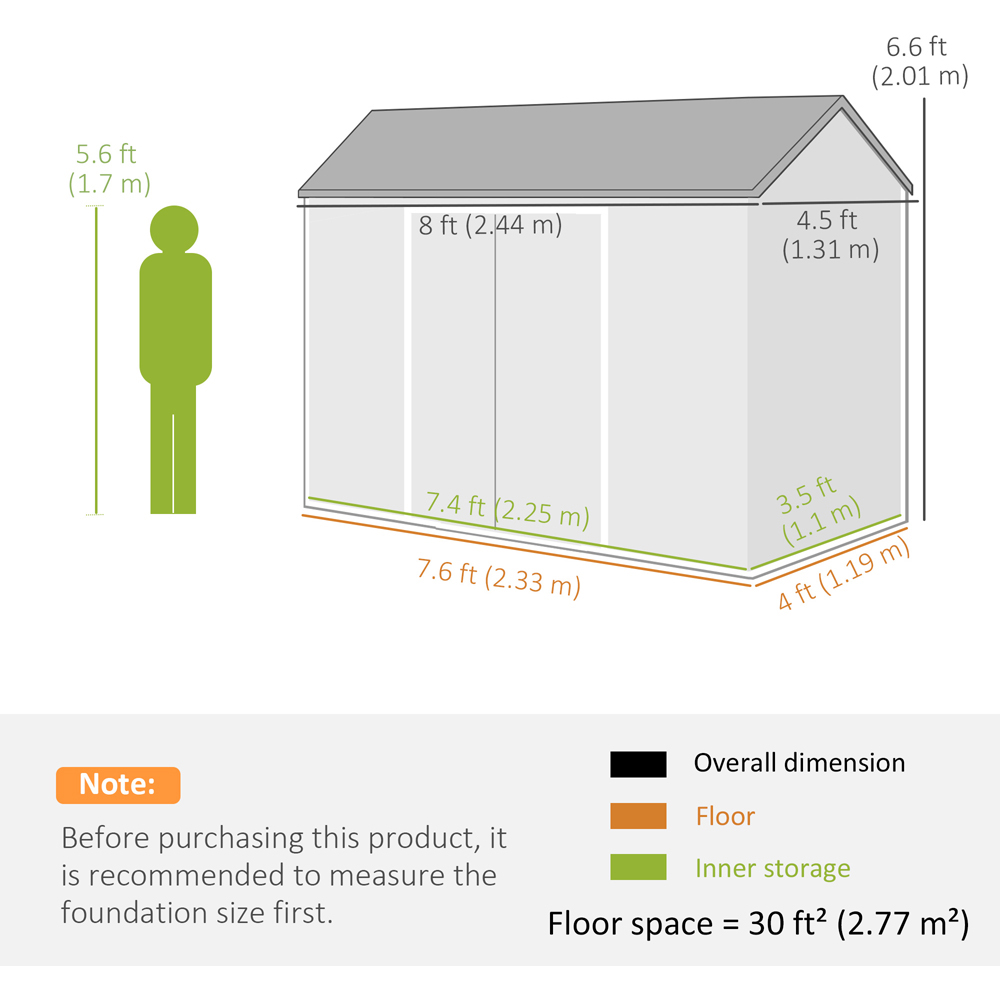Outsunny 8 x 4ft Light Grey Apex Garden Shed with Built-In Floor Image 9