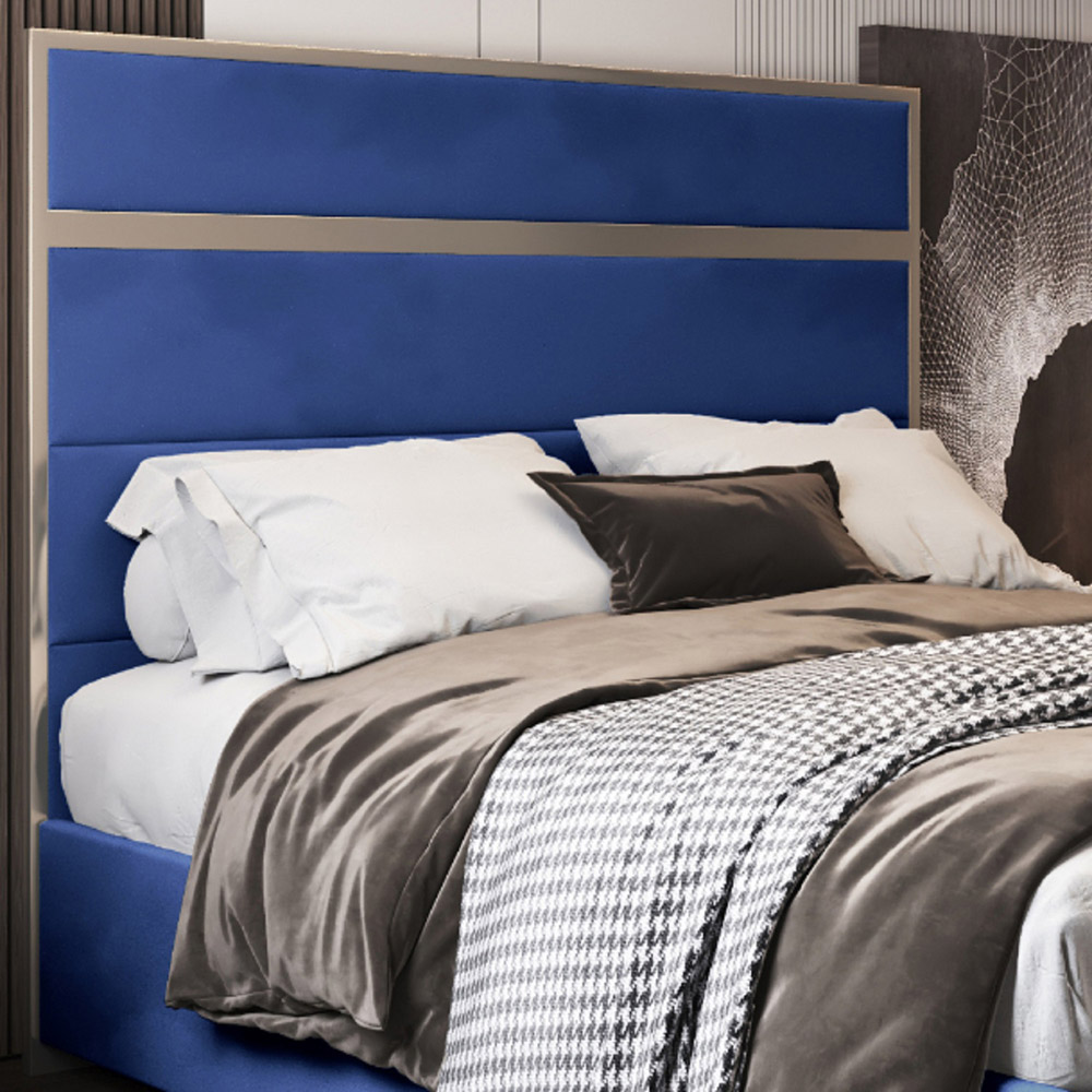 Bentley Blue Small Double Velvet Upholstered Metal Bed Frame with Panelled Headboard Image 3