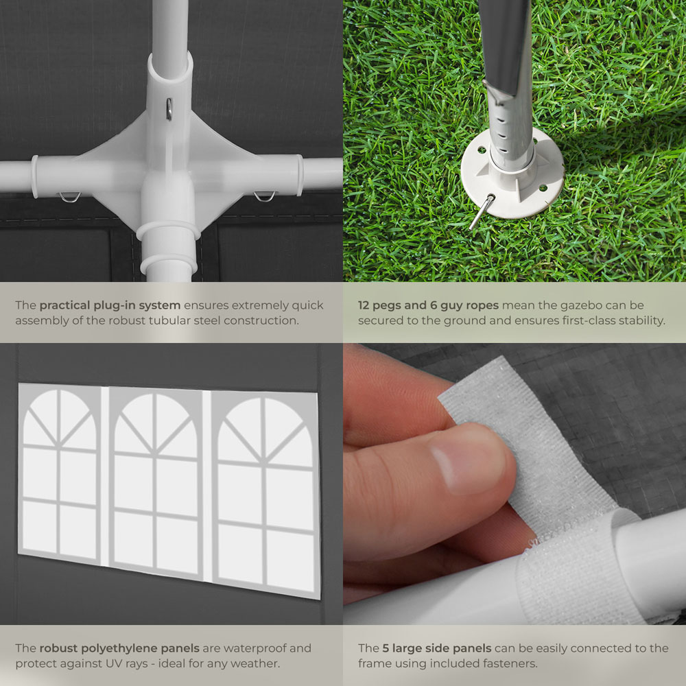 tectake Novara 6 x 3m Grey Gazebo with 5 Side Panels Image 5