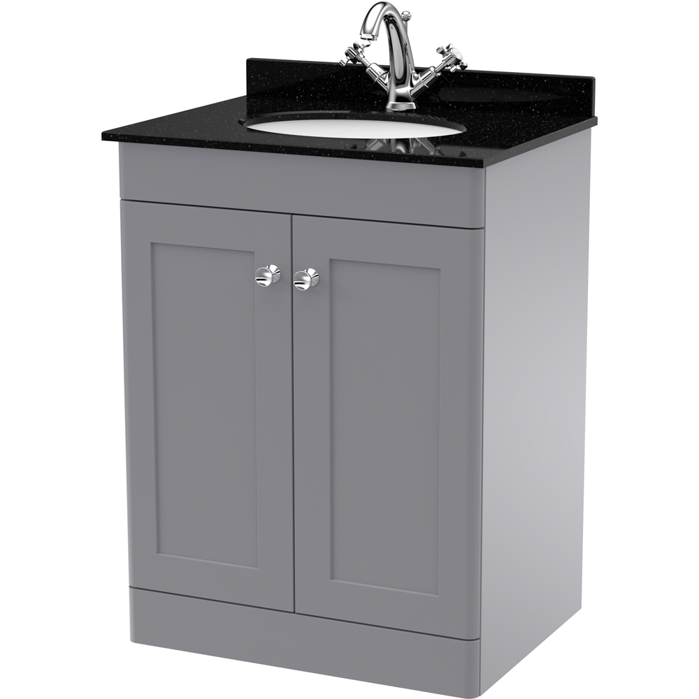 nuie Classique 2 Door Satin Grey Floor Standing Unit and 1 Tap Hole Marble Top Oval Basin 600mm Image 1