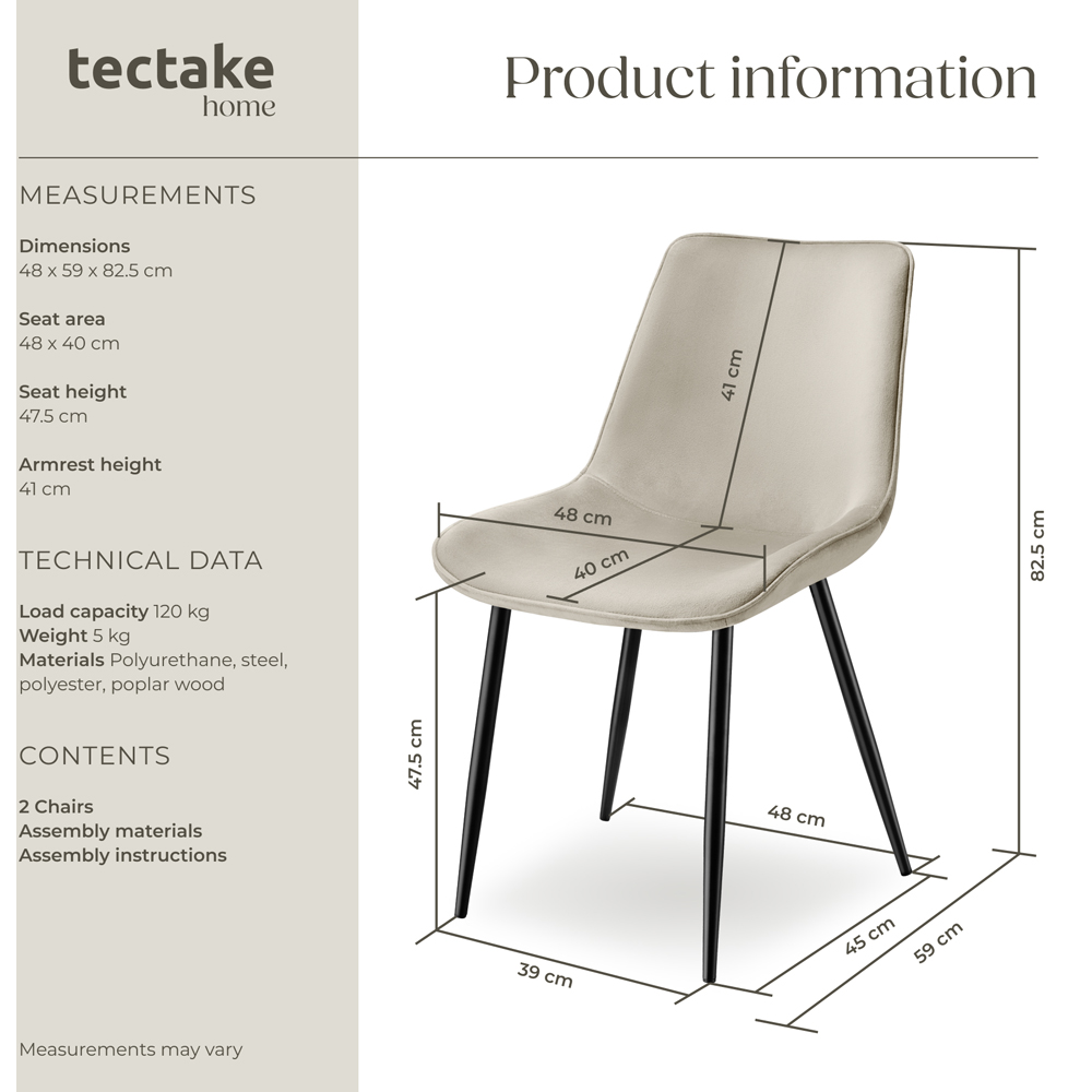 tectake Monroe Set of 2 Cream Velvet Padded Dining Chair Image 9