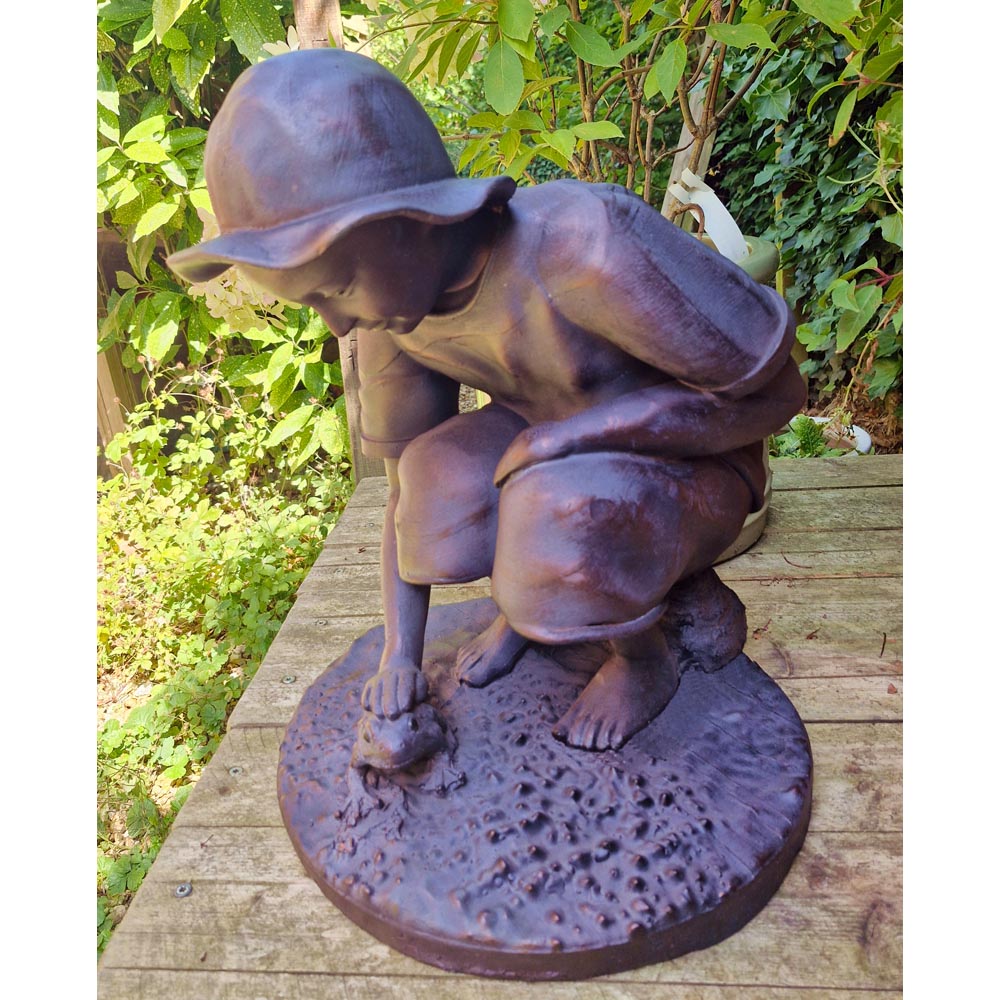 Inspirational Gifting Boy Playing with Frog Polystone Resin Garden Ornament Image 2