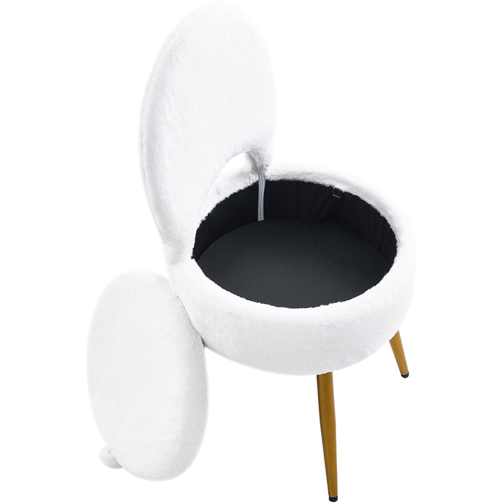 Living and Home White Faux Rabbit Fur Round Back Foldable Vanity Chair with Storage Image 2