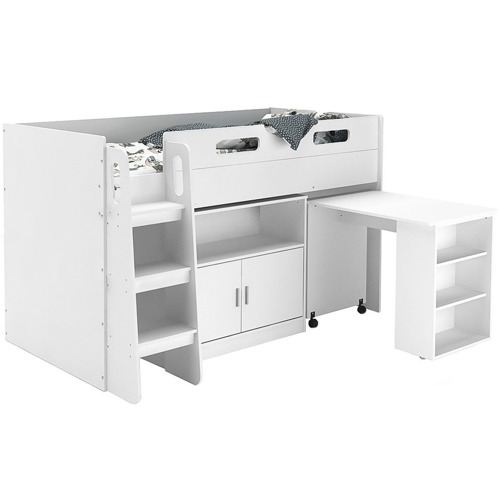 Kidsaw White Mid Sleeper Cabin Bed with Desk Cupboard and Storage Image 2